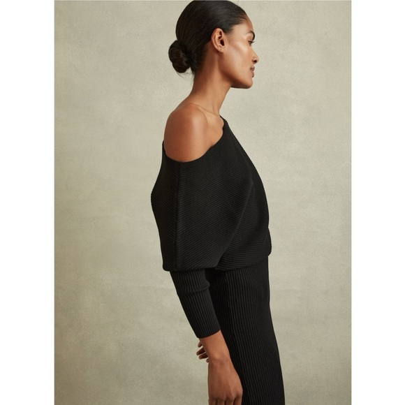 Reiss Black Lara Off-The-Shoulder Ribbed Midi Dress Knit Sweater - Picture 3 of 16
